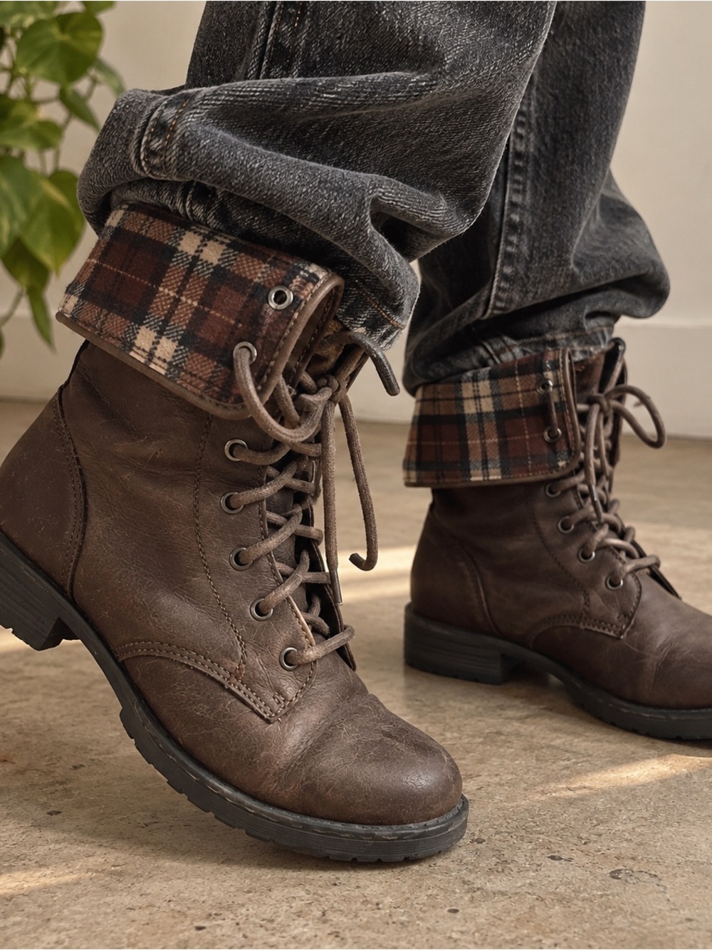 Women’s Brown Lace-Up Combat Boots with Plaid Cuff